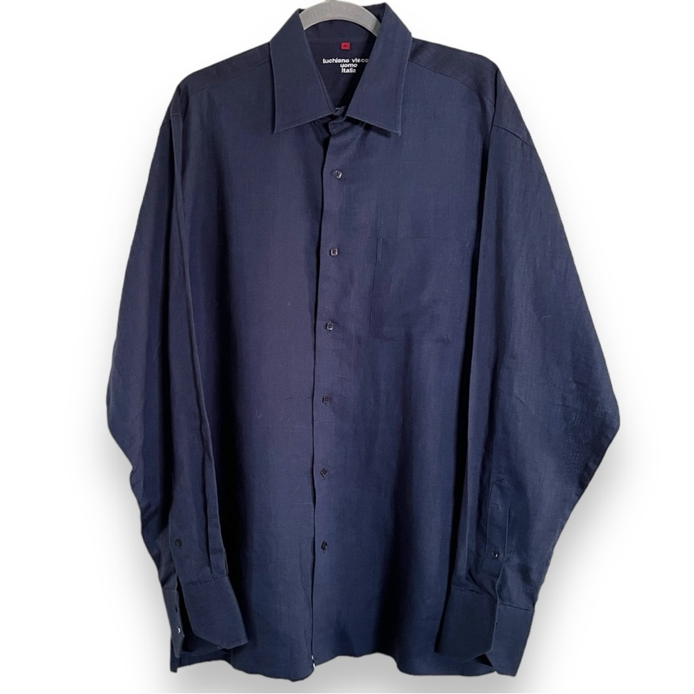 Luchiano Visconti Linen Button Front Shirt Navy Blue Size XL